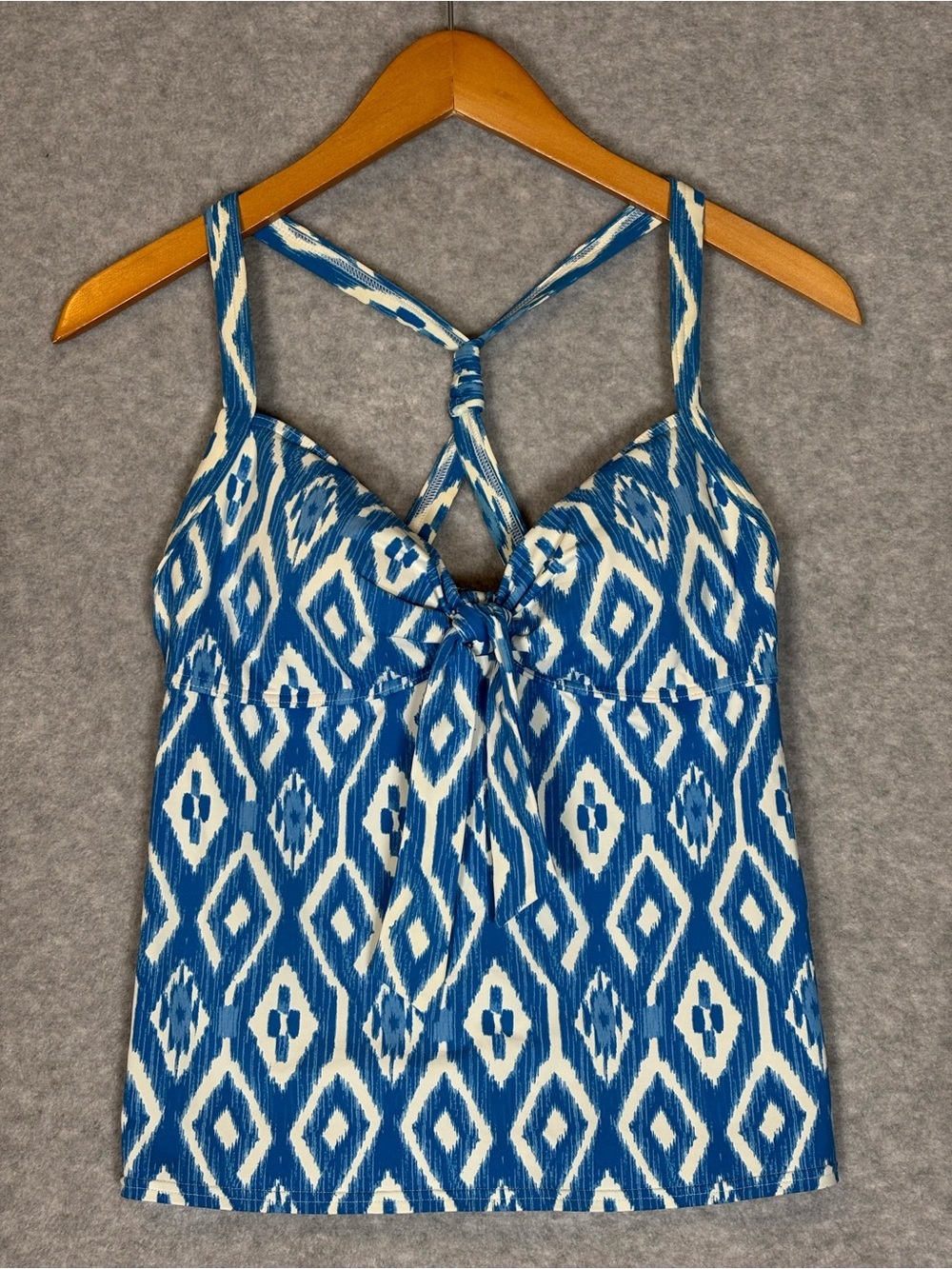 Lands' End Twist Halter Tankini Top-Blue/White Diamond Ikat Pattern-Women Size 8